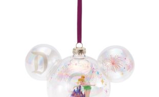 Tinker Bell and Sleeping Beauty Castle in Mickey Mouse Icon Glass Ball Ornament – Disneyland 70th Anniversary now out