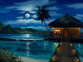 Mickey and Minnie Mouse ”Moonlit Bungalow” Gallery Wrapped Canvas by Walfrido Garcia – Limited Edition is now available