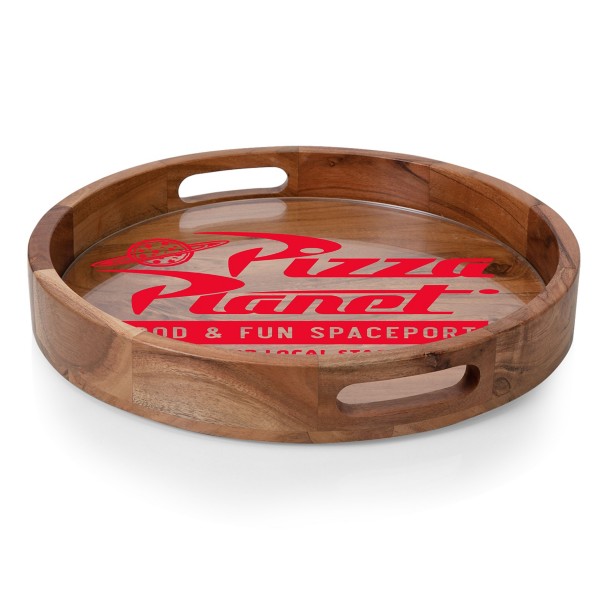 Pizza Planet Barista Round Acacia Wood Serving Tray with Glass Insert and Handles - Toy Story