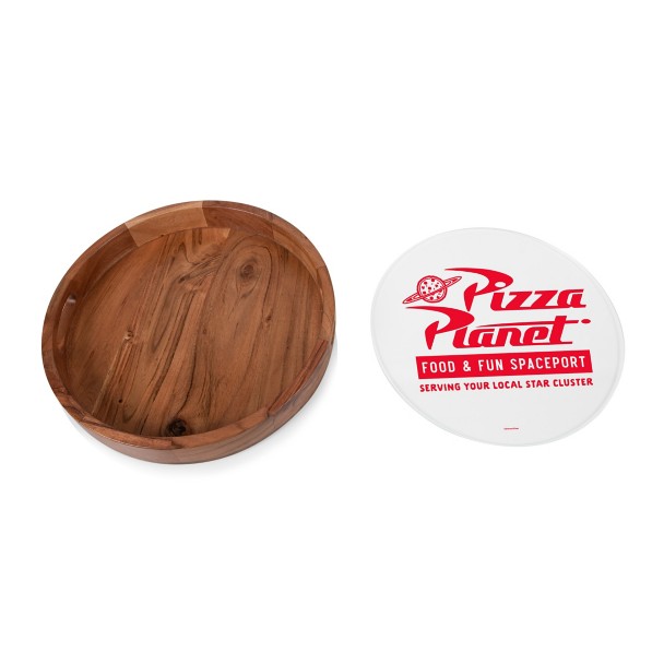 Pizza Planet Barista Round Acacia Wood Serving Tray with Glass Insert and Handles - Toy Story