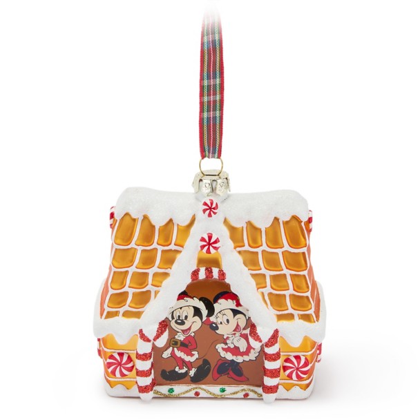Santa Mickey and Minnie Mouse Gingerbread House Glass Ornament