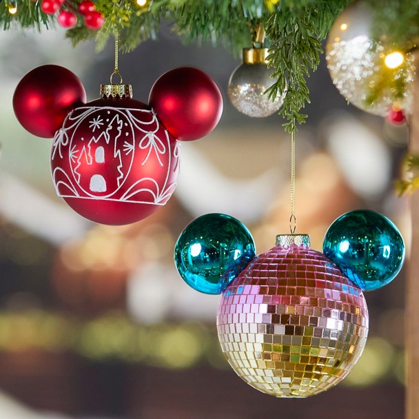Mickey Mouse Icon Glass Ball Ornament with Fantasyland Castle - Red