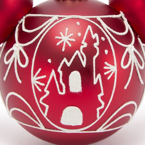 Mickey Mouse Icon Glass Ball Ornament with Fantasyland Castle - Red